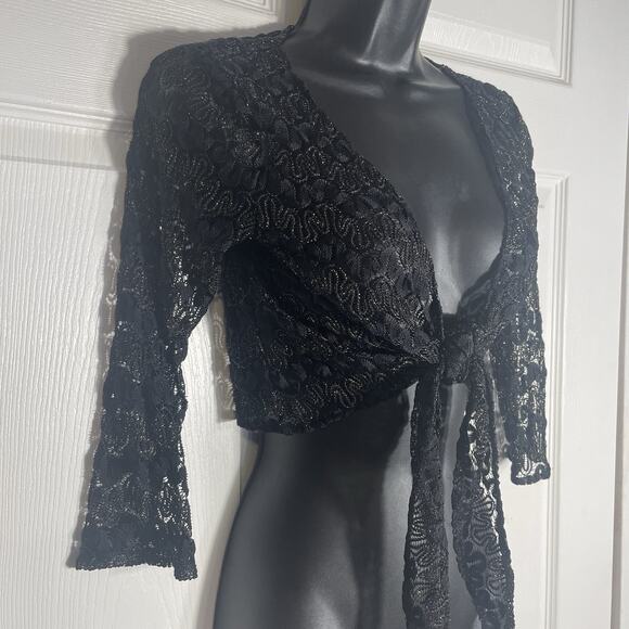 Y2K Jessica Max Top Women Small Black Lace Gold Metallic Tie Front Cropped Goth - Picture 2 of 6